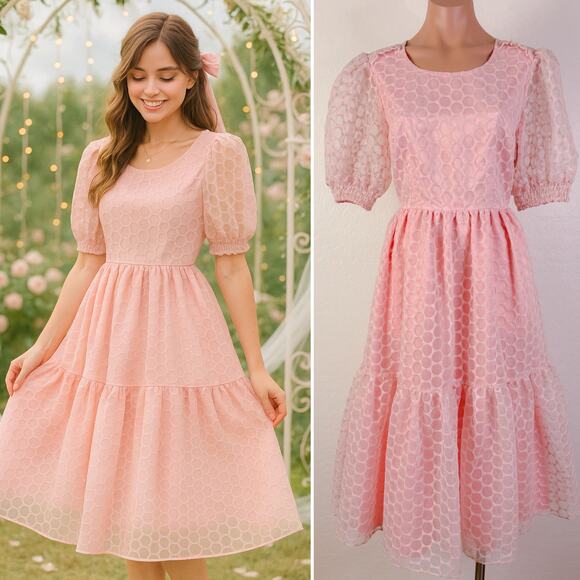 Rachel Parcell Puffy Sleeve Midi Dress Pink Princess 80s Romantic Coquette S NWT - Picture 1 of 11